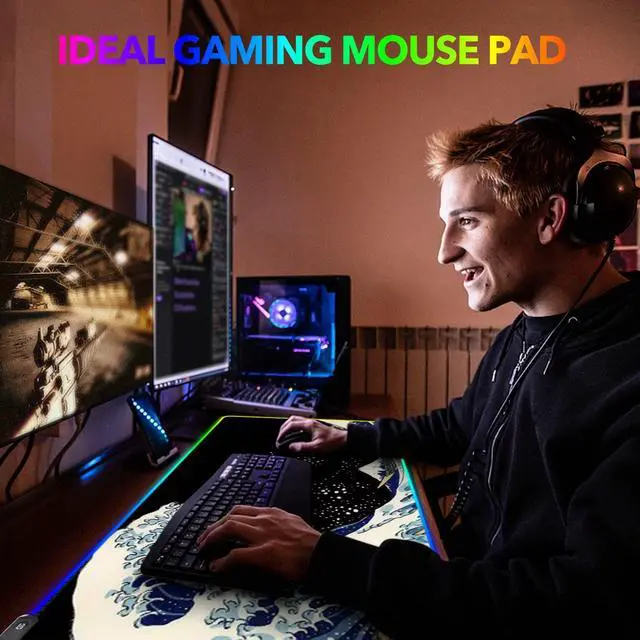 Alt view image 6 of 7 - KEHIPI RGB Gaming Mouse Pad Large, Keyboard Led Mousepad Extended 35.4 x 15.8 inch Non-Slip Rubber Base with 14 Lighting Modes, Big Desk Mat Waterproof, Big Waves