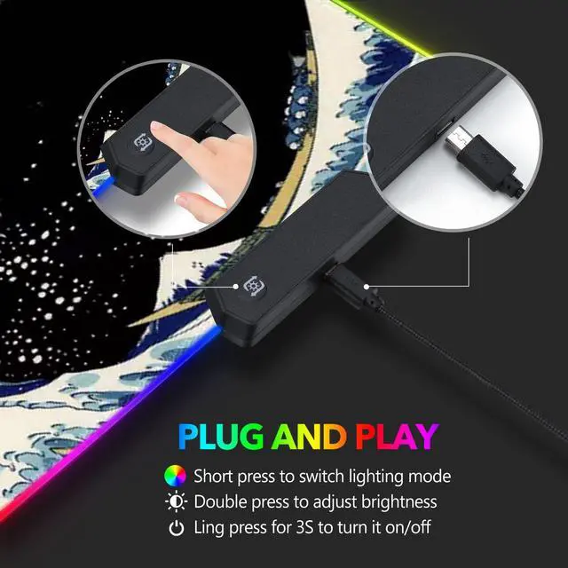 Alt view image 4 of 7 - KEHIPI RGB Gaming Mouse Pad Large, Keyboard Led Mousepad Extended 35.4 x 15.8 inch Non-Slip Rubber Base with 14 Lighting Modes, Big Desk Mat Waterproof, Big Waves