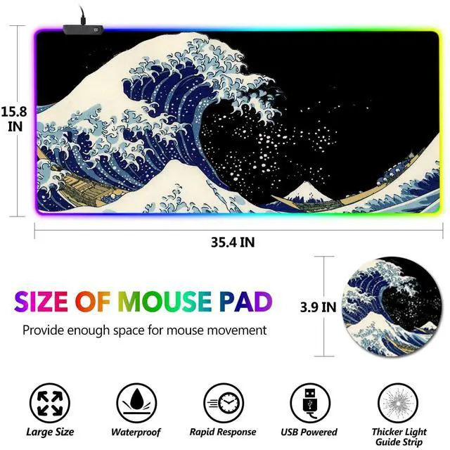 Alt view image 7 of 7 - KEHIPI RGB Gaming Mouse Pad Large, Keyboard Led Mousepad Extended 35.4 x 15.8 inch Non-Slip Rubber Base with 14 Lighting Modes, Big Desk Mat Waterproof, Big Waves