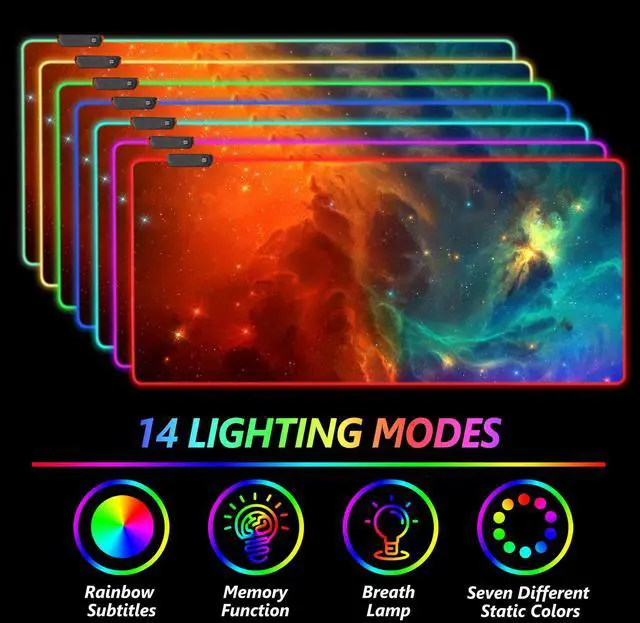 Alt view image 2 of 7 - KEHIPI Large RGB Gaming Mouse Pad, Keyboard Mousepad Led Extended 35.4 x 15.8 inch Non-Slip Rubber Base with 14 Lighting Modes, Big Desk Mat Waterproof, Galaxy Nebula