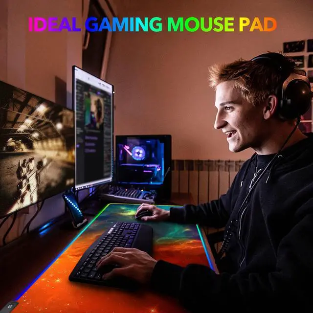 Alt view image 7 of 7 - KEHIPI Large RGB Gaming Mouse Pad, Keyboard Mousepad Led Extended 35.4 x 15.8 inch Non-Slip Rubber Base with 14 Lighting Modes, Big Desk Mat Waterproof, Galaxy Nebula