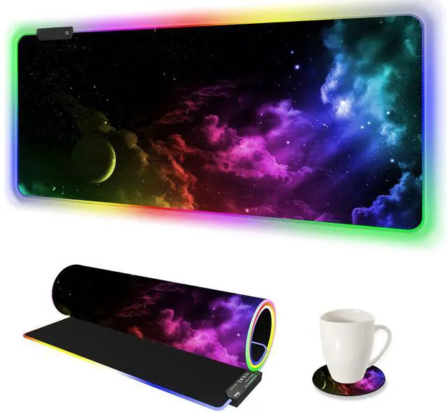 Main image of KEHIPI Large RGB Gaming Mouse Pad, Keyboard Mousepad Led Extended 35.4 x 15.8 inch Non-Slip Rubber Base with 14 Lighting Modes, Big Desk Mat Waterproof, Nebula Universe