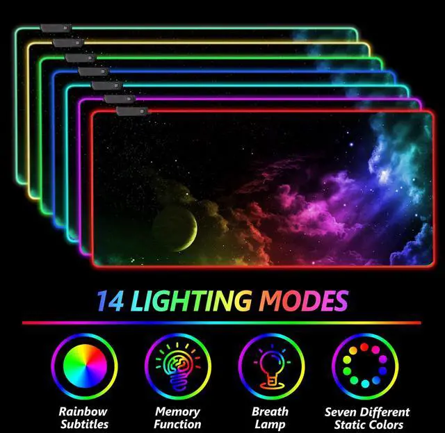 Alt view image 3 of 7 - KEHIPI Large RGB Gaming Mouse Pad, Keyboard Mousepad Led Extended 35.4 x 15.8 inch Non-Slip Rubber Base with 14 Lighting Modes, Big Desk Mat Waterproof, Nebula Universe