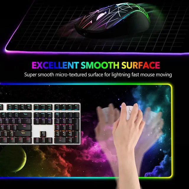Alt view image 2 of 7 - KEHIPI Large RGB Gaming Mouse Pad, Keyboard Mousepad Led Extended 35.4 x 15.8 inch Non-Slip Rubber Base with 14 Lighting Modes, Big Desk Mat Waterproof, Nebula Universe