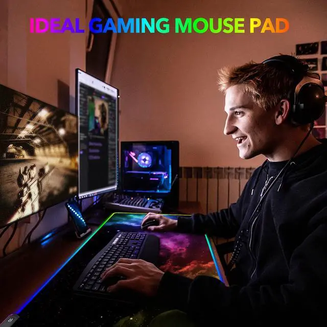 Alt view image 6 of 7 - KEHIPI Large RGB Gaming Mouse Pad, Keyboard Mousepad Led Extended 35.4 x 15.8 inch Non-Slip Rubber Base with 14 Lighting Modes, Big Desk Mat Waterproof, Nebula Universe