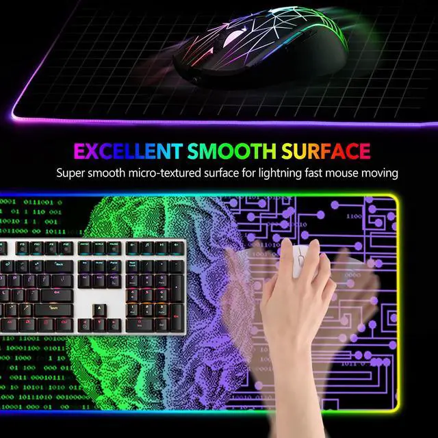 Alt view image 3 of 7 - KEHIPI Large Gaming Mouse Pad RGB, Keyboard Led Mousepad Extended 35.4 x 15.8 inch Non-Slip Rubber Base with 14 Lighting Modes, Big Desk Mat Waterproof, Technology Brain