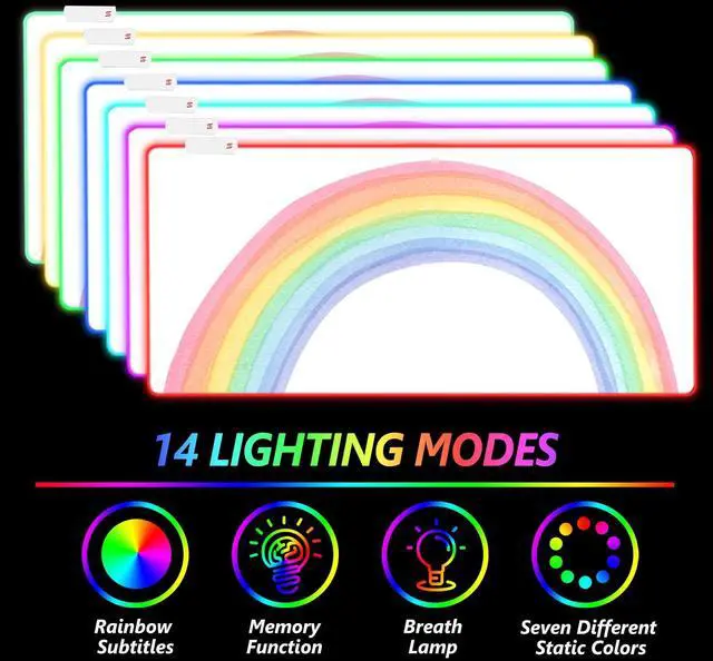 Alt view image 2 of 7 - KEHIPI RGB Gaming Mouse Pad Large, Keyboard Mousepad Led Extended 35.4 x 15.8 inch Non-Slip Rubber Base with 14 Lighting Modes, Big Desk Mat Waterproof, White Rainbow