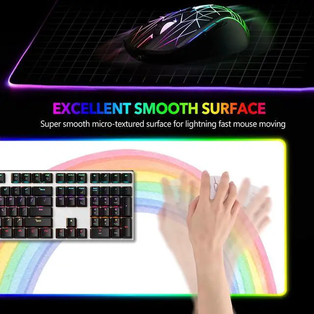 Alt view image 3 of 7 - KEHIPI RGB Gaming Mouse Pad Large, Keyboard Mousepad Led Extended 35.4 x 15.8 inch Non-Slip Rubber Base with 14 Lighting Modes, Big Desk Mat Waterproof, White Rainbow