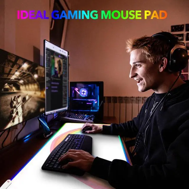 Alt view image 6 of 7 - KEHIPI RGB Gaming Mouse Pad Large, Keyboard Mousepad Led Extended 35.4 x 15.8 inch Non-Slip Rubber Base with 14 Lighting Modes, Big Desk Mat Waterproof, White Rainbow