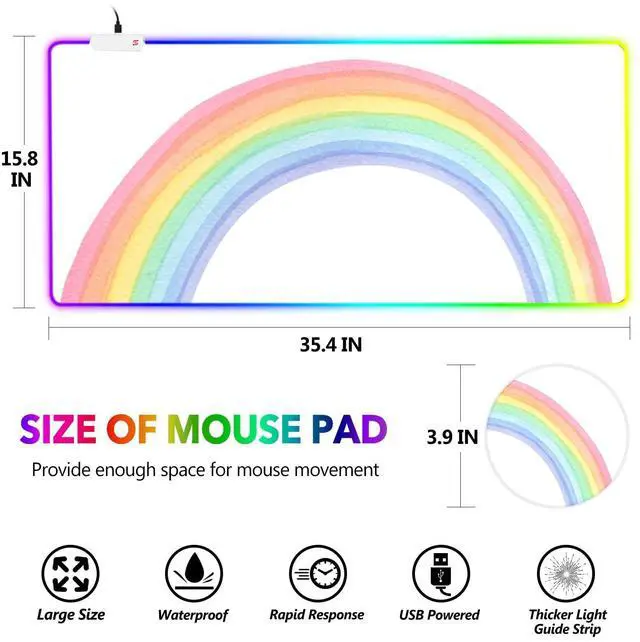 Alt view image 7 of 7 - KEHIPI RGB Gaming Mouse Pad Large, Keyboard Mousepad Led Extended 35.4 x 15.8 inch Non-Slip Rubber Base with 14 Lighting Modes, Big Desk Mat Waterproof, White Rainbow
