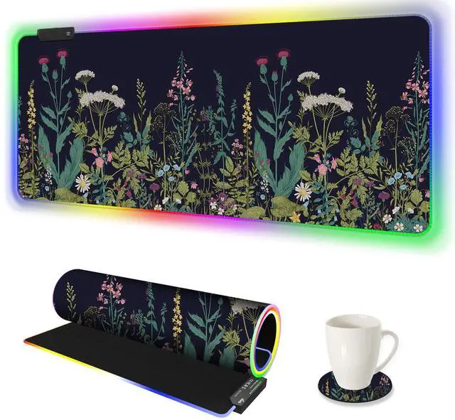 Main image of KEHIPI RGB Gaming Mouse Pad Large, Keyboard Led Mousepad Extended 35.4 x 15.8 inch Non-Slip Rubber Base with 14 Lighting Modes, Big Desk Mat Waterproof, Flowers Plants
