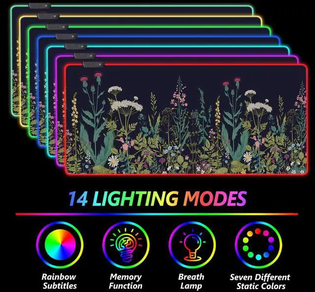 Alt view image 2 of 7 - KEHIPI RGB Gaming Mouse Pad Large, Keyboard Led Mousepad Extended 35.4 x 15.8 inch Non-Slip Rubber Base with 14 Lighting Modes, Big Desk Mat Waterproof, Flowers Plants