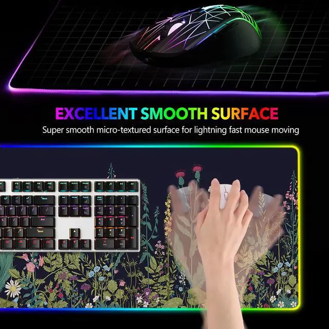 Alt view image 3 of 7 - KEHIPI RGB Gaming Mouse Pad Large, Keyboard Led Mousepad Extended 35.4 x 15.8 inch Non-Slip Rubber Base with 14 Lighting Modes, Big Desk Mat Waterproof, Flowers Plants