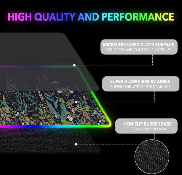 Alt view image 4 of 7 - KEHIPI RGB Gaming Mouse Pad Large, Keyboard Led Mousepad Extended 35.4 x 15.8 inch Non-Slip Rubber Base with 14 Lighting Modes, Big Desk Mat Waterproof, Flowers Plants