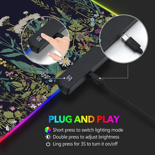 Alt view image 5 of 7 - KEHIPI RGB Gaming Mouse Pad Large, Keyboard Led Mousepad Extended 35.4 x 15.8 inch Non-Slip Rubber Base with 14 Lighting Modes, Big Desk Mat Waterproof, Flowers Plants