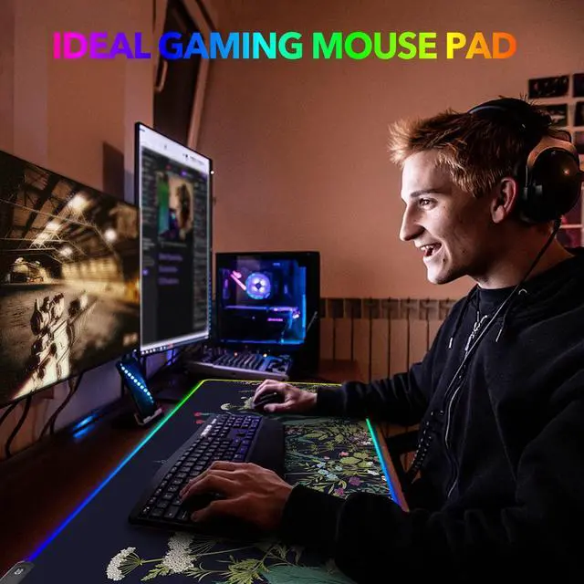 Alt view image 6 of 7 - KEHIPI RGB Gaming Mouse Pad Large, Keyboard Led Mousepad Extended 35.4 x 15.8 inch Non-Slip Rubber Base with 14 Lighting Modes, Big Desk Mat Waterproof, Flowers Plants