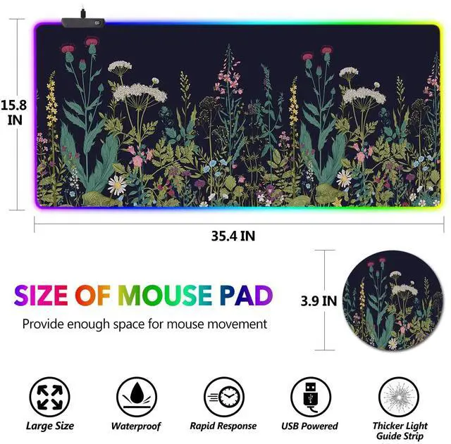 Alt view image 7 of 7 - KEHIPI RGB Gaming Mouse Pad Large, Keyboard Led Mousepad Extended 35.4 x 15.8 inch Non-Slip Rubber Base with 14 Lighting Modes, Big Desk Mat Waterproof, Flowers Plants
