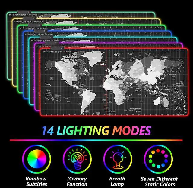 Alt view image 2 of 7 - KEHIPI RGB Gaming Mouse Pad Extended, Large Led Mousepads Non-Slip Rubber Base with 14 Lighting Modes, Computer Keyboard Mat Soft Desk pad Waterproof 35.4 x 15.8 inches, Black World Map