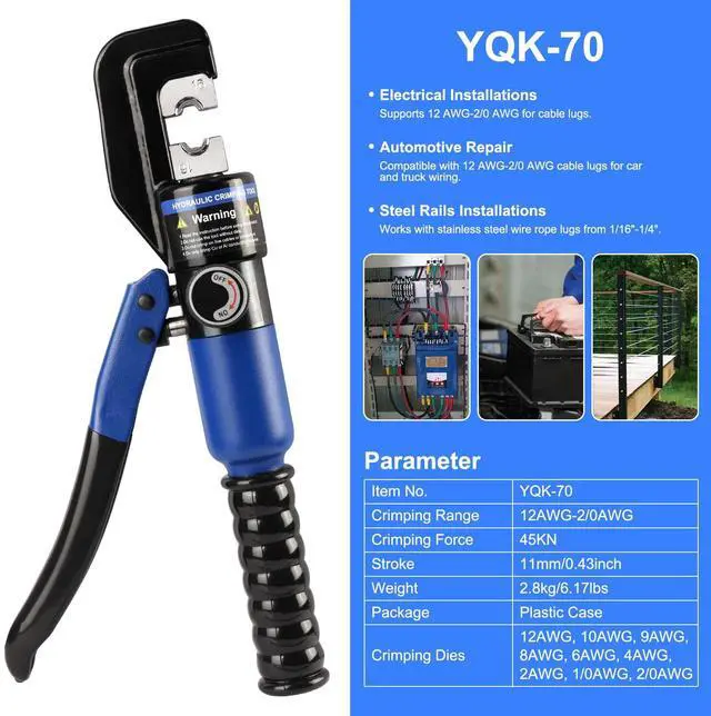 Alt view image 2 of 7 - KEHIPI Hydraulic Crimping Tool 10 Ton with 9 Hex-Dies, 122/0 AWG Battery Cable Crimper with Cable Cutter for Copper, Aluminum Cable Lugs