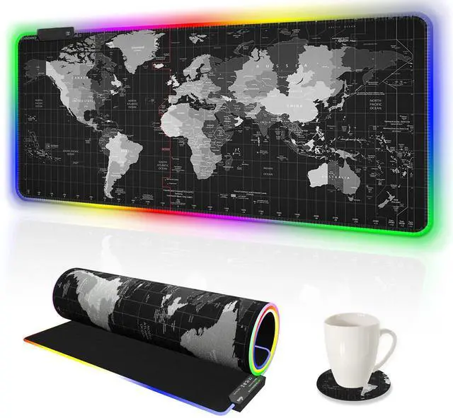 Main image of KEHIPI RGB Gaming Mouse Pad Extended, Large Led Mousepads Non-Slip Rubber Base with 14 Lighting Modes, Computer Keyboard Mat Soft Desk pad Waterproof 35.4 x 15.8 inches, Black World Map