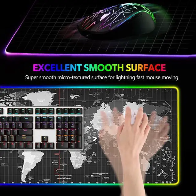 Alt view image 3 of 7 - KEHIPI RGB Gaming Mouse Pad Extended, Large Led Mousepads Non-Slip Rubber Base with 14 Lighting Modes, Computer Keyboard Mat Soft Desk pad Waterproof 35.4 x 15.8 inches, Black World Map