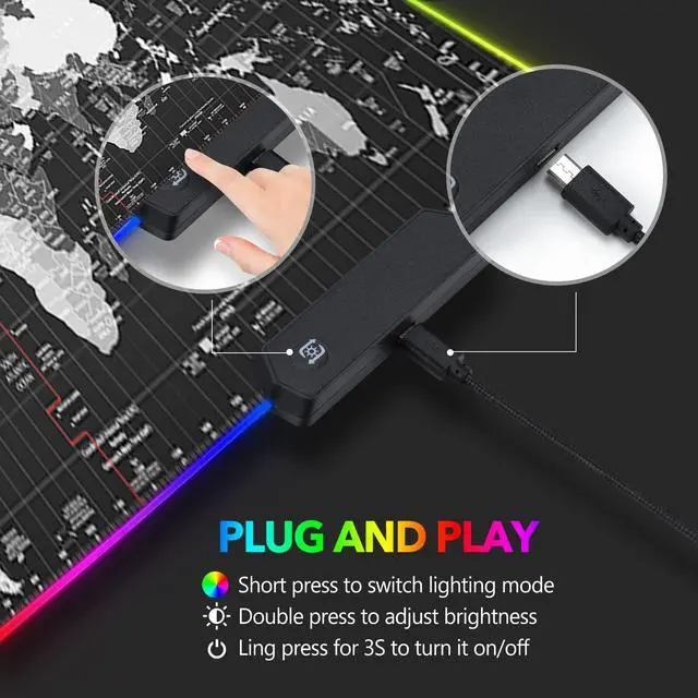 Alt view image 4 of 7 - KEHIPI RGB Gaming Mouse Pad Extended, Large Led Mousepads Non-Slip Rubber Base with 14 Lighting Modes, Computer Keyboard Mat Soft Desk pad Waterproof 35.4 x 15.8 inches, Black World Map