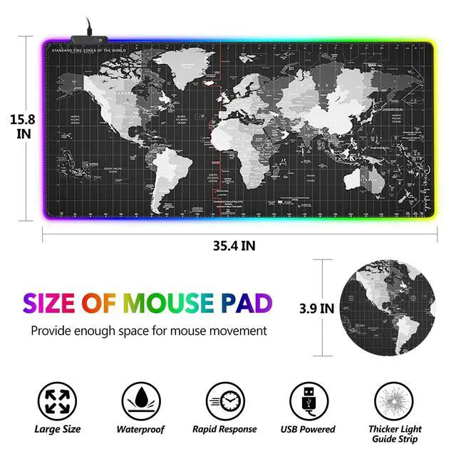 Alt view image 7 of 7 - KEHIPI RGB Gaming Mouse Pad Extended, Large Led Mousepads Non-Slip Rubber Base with 14 Lighting Modes, Computer Keyboard Mat Soft Desk pad Waterproof 35.4 x 15.8 inches, Black World Map