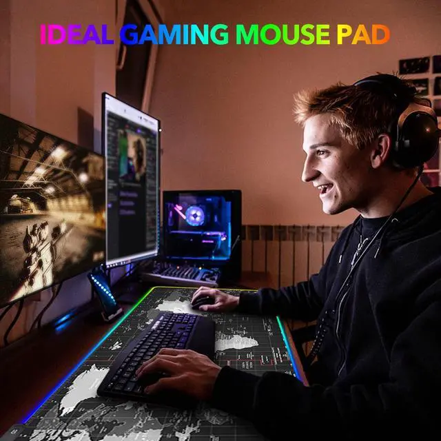 Alt view image 6 of 7 - KEHIPI RGB Gaming Mouse Pad Extended, Large Led Mousepads Non-Slip Rubber Base with 14 Lighting Modes, Computer Keyboard Mat Soft Desk pad Waterproof 35.4 x 15.8 inches, Black World Map