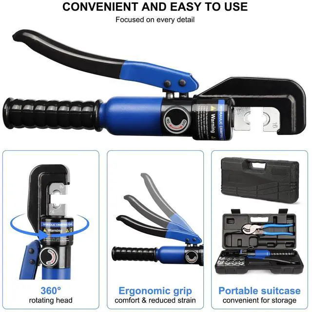 Alt view image 7 of 7 - KEHIPI Hydraulic Crimping Tool 10 Ton with 9 Hex-Dies, 122/0 AWG Battery Cable Crimper with Cable Cutter for Copper, Aluminum Cable Lugs