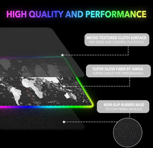 Alt view image 5 of 7 - KEHIPI RGB Gaming Mouse Pad Extended, Large Led Mousepads Non-Slip Rubber Base with 14 Lighting Modes, Computer Keyboard Mat Soft Desk pad Waterproof 35.4 x 15.8 inches, Black World Map