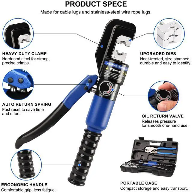 Alt view image 3 of 7 - KEHIPI Hydraulic Crimping Tool 10 Ton with 9 Hex-Dies, 122/0 AWG Battery Cable Crimper with Cable Cutter for Copper, Aluminum Cable Lugs