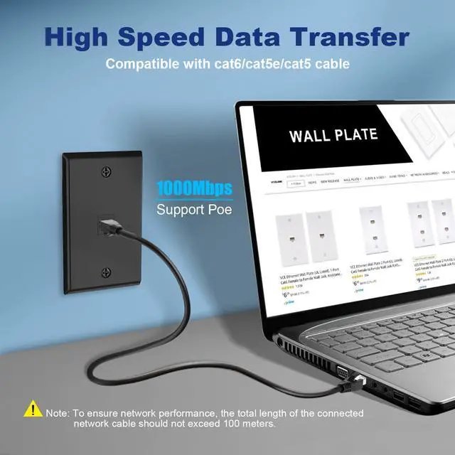 Alt view image 4 of 7 - KEHIPI Black Ethernet Wall Plate (UL Listed), 1-Port Cat6 Female to Female Wall Jack, Keystone Wall Plate with RJ45 Keystone Inline Coupler for Cat6/Cat5e/Cat5 Cables, 2-Pack