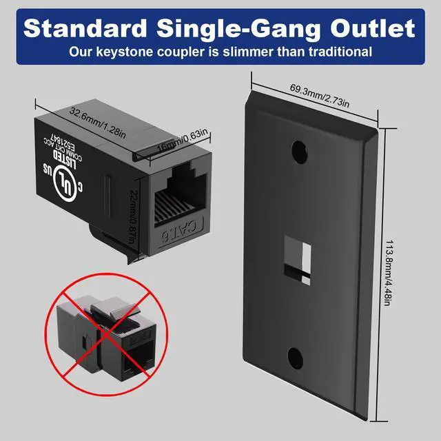 Alt view image 5 of 7 - KEHIPI Black Ethernet Wall Plate (UL Listed), 1-Port Cat6 Female to Female Wall Jack, Keystone Wall Plate with RJ45 Keystone Inline Coupler for Cat6/Cat5e/Cat5 Cables, 2-Pack