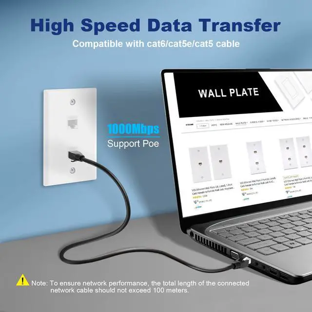 Alt view image 4 of 7 - KEHIPI Ethernet Wall Plate 2-Port (UL Listed), Cat6 Female to Female Wall Jack, RJ45 Keystone Inline Coupler Wall Outlet, White