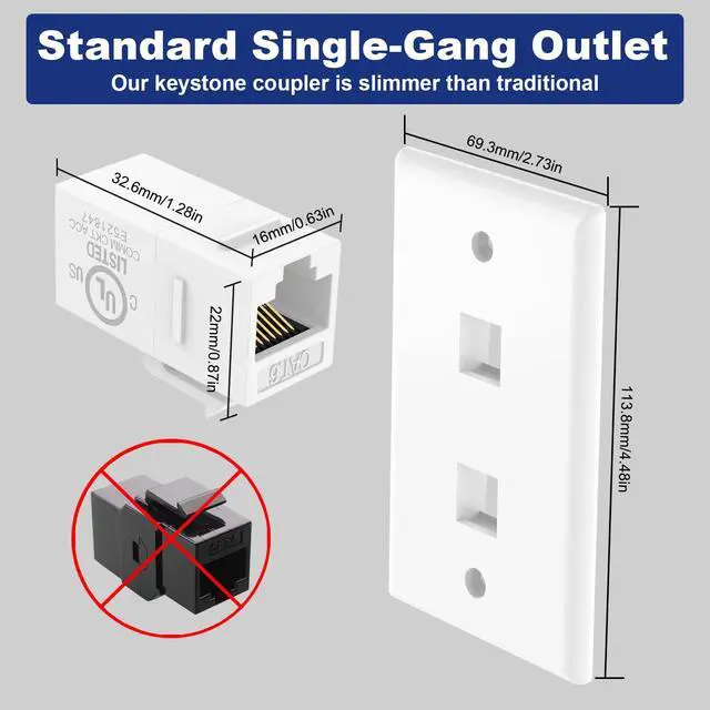 Alt view image 5 of 7 - KEHIPI Ethernet Wall Plate 2-Port (UL Listed), Cat6 Female to Female Wall Jack, RJ45 Keystone Inline Coupler Wall Outlet, White