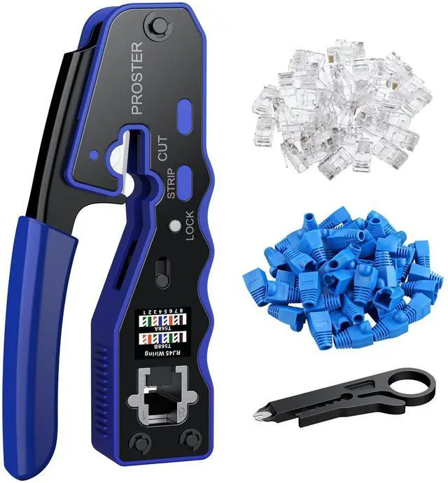 Main image of KEHIPI  RJ45 Crimper Tool Kit - Stripper Cutter Crimper Tool for RJ45 Cat6 Cat5 Cat5e Pass-Thru Connectors, with 50pcs Cat6 Connectors and Protection , 1pcs Wire Stripper