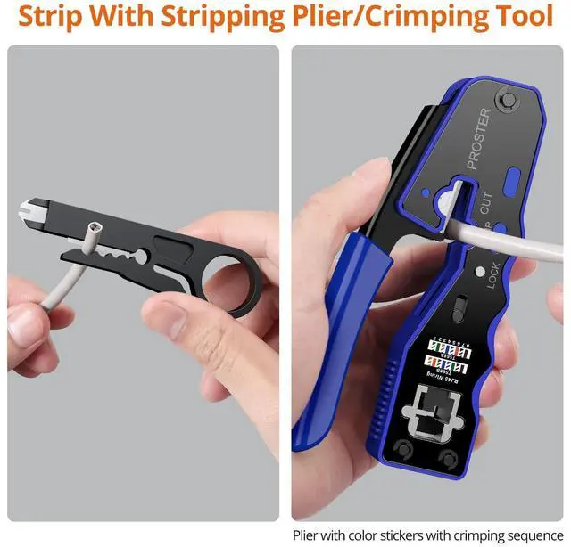 Alt view image 5 of 7 - KEHIPI  RJ45 Crimper Tool Kit - Stripper Cutter Crimper Tool for RJ45 Cat6 Cat5 Cat5e Pass-Thru Connectors, with 50pcs Cat6 Connectors and Protection , 1pcs Wire Stripper