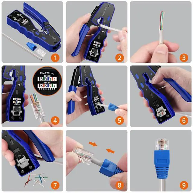 Alt view image 4 of 7 - KEHIPI  RJ45 Crimper Tool Kit - Stripper Cutter Crimper Tool for RJ45 Cat6 Cat5 Cat5e Pass-Thru Connectors, with 50pcs Cat6 Connectors and Protection , 1pcs Wire Stripper