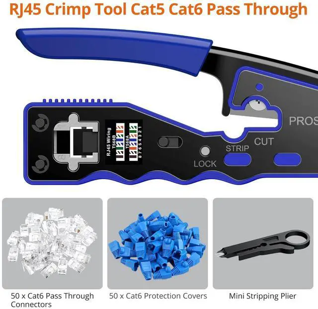 Alt view image 6 of 7 - KEHIPI  RJ45 Crimper Tool Kit - Stripper Cutter Crimper Tool for RJ45 Cat6 Cat5 Cat5e Pass-Thru Connectors, with 50pcs Cat6 Connectors and Protection , 1pcs Wire Stripper
