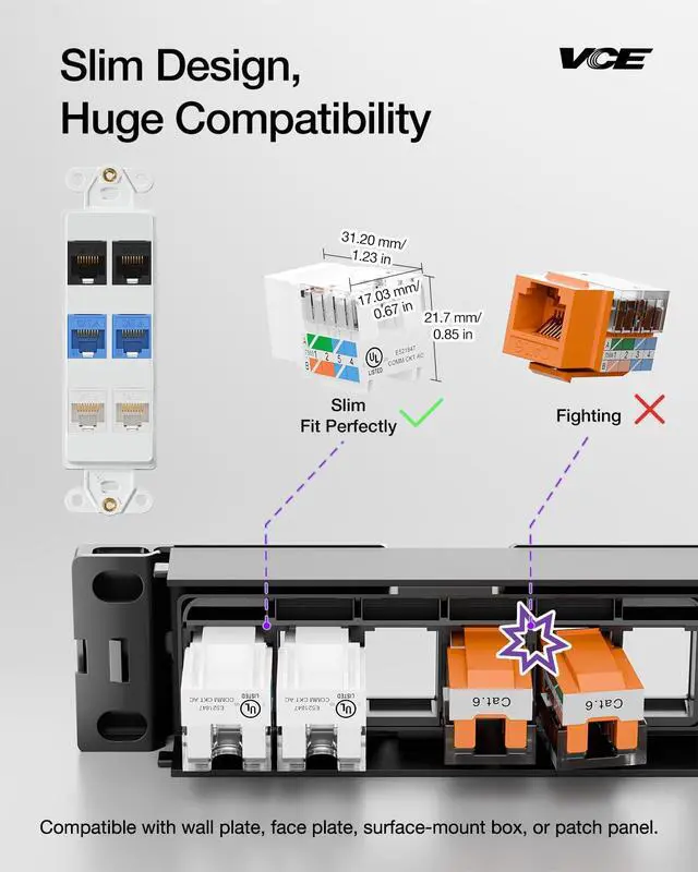 Alt view image 2 of 7 - KEHIPI UL Listed 10Gbps Cat6 Keystone Jack Insert 25-Pack, 90 Degree Punch Down RJ45 Keystone Jack Adapter Slim Profile for Patch Panel and Wall Plate