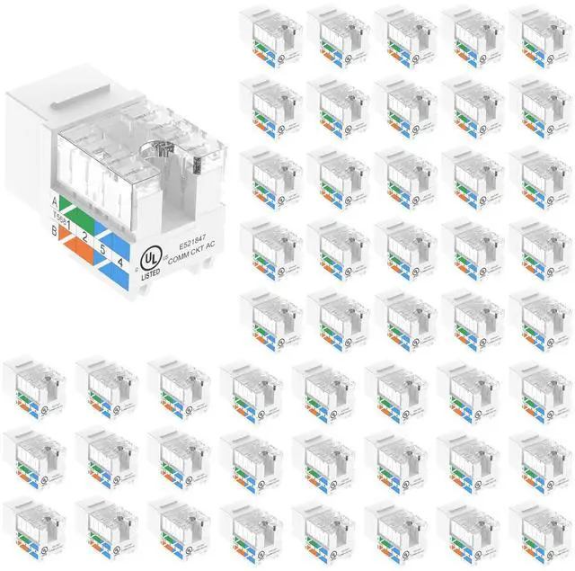 Main image of KEHIPI Cat6 RJ45 Keystone Jacks UL Listed 50-Pack, Punch Down Ethernet Wall Jack 90-Degree Adapter in White with 1-Pack Wire Stripper Cutter
