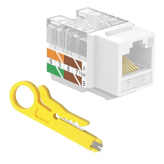 Alt view image 2 of 7 - KEHIPI Cat6 RJ45 Keystone Jacks UL Listed 50-Pack, Punch Down Ethernet Wall Jack 90-Degree Adapter in White with 1-Pack Wire Stripper Cutter