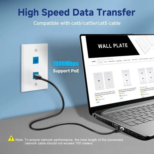 Alt view image 4 of 7 - KEHIPI Ethernet Wall Plate 2-Port (UL Listed), Cat6 Female to Female Wall Jack, RJ45 Keystone Inline Coupler Wall Outlet, Blue