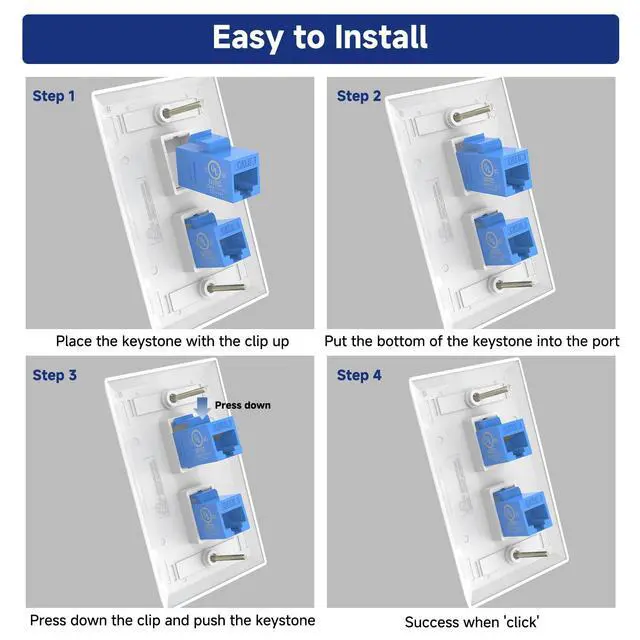 Alt view image 6 of 7 - KEHIPI Ethernet Wall Plate 2-Port (UL Listed), Cat6 Female to Female Wall Jack, RJ45 Keystone Inline Coupler Wall Outlet, Blue