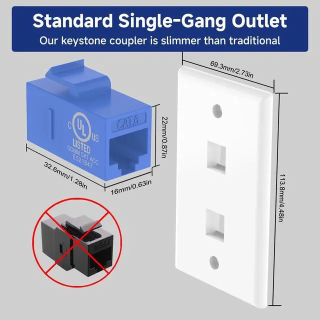 Alt view image 5 of 7 - KEHIPI Ethernet Wall Plate 2-Port (UL Listed), Cat6 Female to Female Wall Jack, RJ45 Keystone Inline Coupler Wall Outlet, Blue