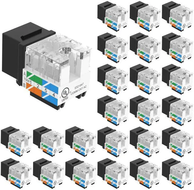 Main image of KEHIPI UL Listed Cat6 RJ45 Keystone Jack Insert 25-Pack, 90 Degree Punch Down Keystone Jack Adapter Slim Profile Black