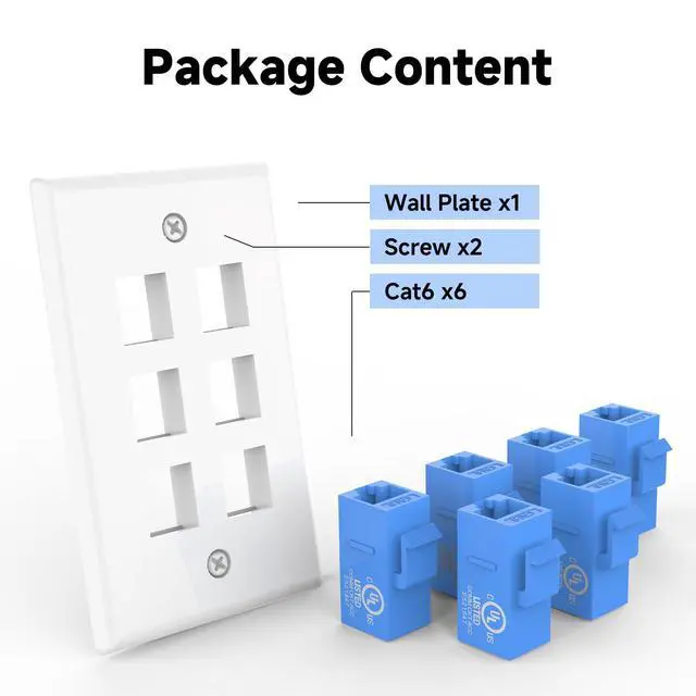 Alt view image 6 of 6 - KEHIPI UL-Listed CAT6 Ethernet Wall Plate 6 Port, Single-Gang Keystone Wall Plate with RJ45 CAT6 Keystone Coupler, Blue