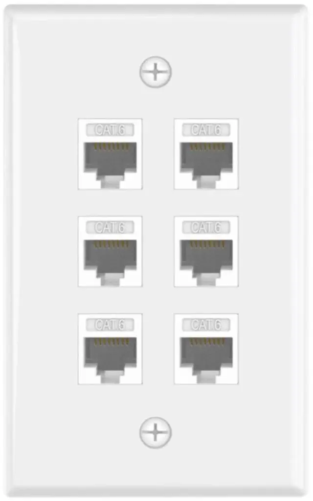Main image of KEHIPI UL-Listed CAT6 6-Port Ethernet Wall Outlet, Single-Gang Keystone Wall Plate with RJ45 CAT6 Keystone Coupler, White