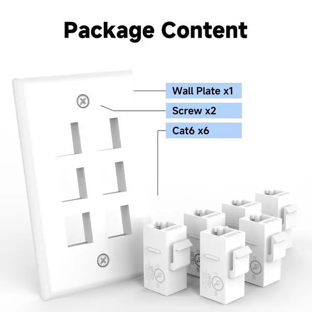 Alt view image 6 of 7 - KEHIPI UL-Listed CAT6 6-Port Ethernet Wall Outlet, Single-Gang Keystone Wall Plate with RJ45 CAT6 Keystone Coupler, White