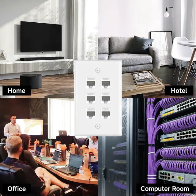 Alt view image 7 of 7 - KEHIPI UL-Listed CAT6 6-Port Ethernet Wall Outlet, Single-Gang Keystone Wall Plate with RJ45 CAT6 Keystone Coupler, White